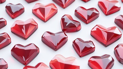 Red Crystal Hearts Arranged On White Background