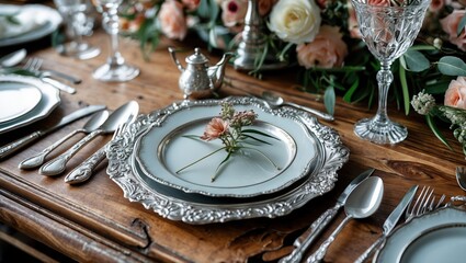 Elegant Table Setting with Silver Cutlery and Blue Plates