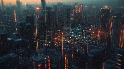 Obraz premium Smart digital Innovation city with connection network reciprocity over the twilight cityscape. of future smart wireless digital city and social media networking systems that connects people with city