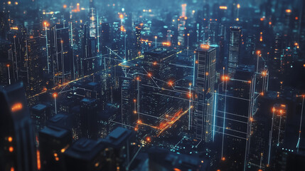 Obraz premium Smart digital Innovation city with connection network reciprocity over the twilight cityscape. of future smart wireless digital city and social media networking systems that connects people with city