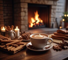 Cozy night in by the fireplace with cinnamon and hot chocolate , evening, holiday, ambiance