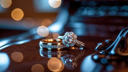 Elegant wedding rings with floral design and diamond centerpiece