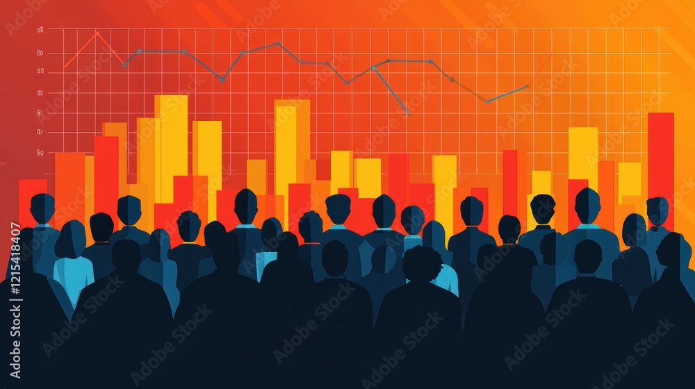 Poster diverse crowd observing financial data visualization with bar and line graphs