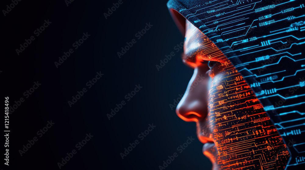 Poster digital portrait of hooded figure with glowing circuit patterns