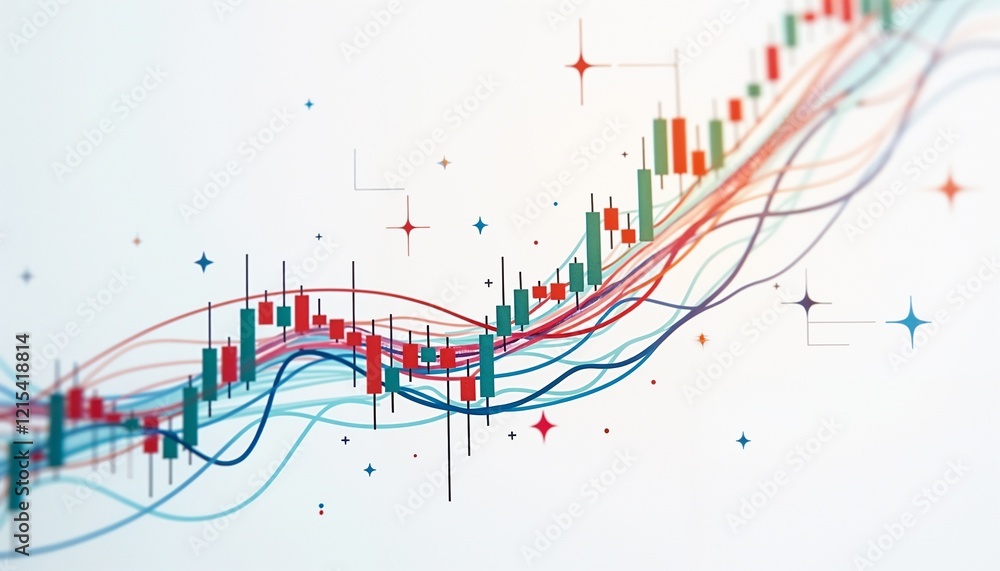 Poster clean graphic depiction of an abstract stock chart with colorful lines and arrows against a plain wh