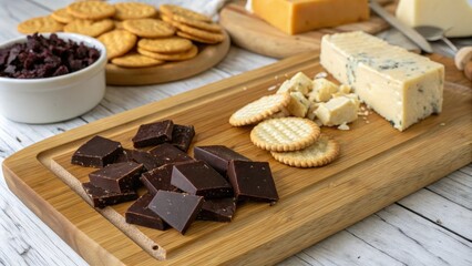 Fototapeta premium Dark chocolate shards embedded in a wooden cheese board's surface complemented by artisanal cheeses and crackers, dark chocolate, snack time, black chocolate