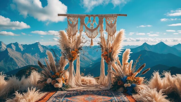 Bohemian Wedding Arch with Pampas Grass and Colorful Florals in Mountain Setting