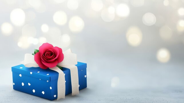 Valentines Day Gift Box with Rose - Romantic Valentine's Day concept. A blue gift box with white polka dots, a red rose, and a white ribbon symbolizes love, affection, gifting, celebration, and romanc