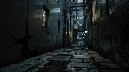 Fototapeta premium Dark, gritty urban alleyway background with concrete scratches, rough concrete, cracked pavement, worn brick, industrial areas