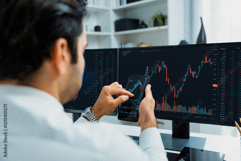 Poster trader businessman searching on smartphone, analyzing in dynamic stock exchange investment screen on