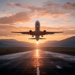 Fototapeta premium Passenger airplane taking off at sunrise with scenic mountains and reflections