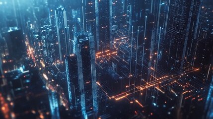 Fototapeta premium Smart digital Innovation city with connection network reciprocity over the twilight cityscape. of future smart wireless digital city and social media networking systems that connects people with city