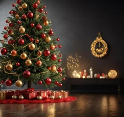 Decorated Christmas tree adorned with vibrant red and golden baubles against a dark background of twinkling lights, christmas tree, golden