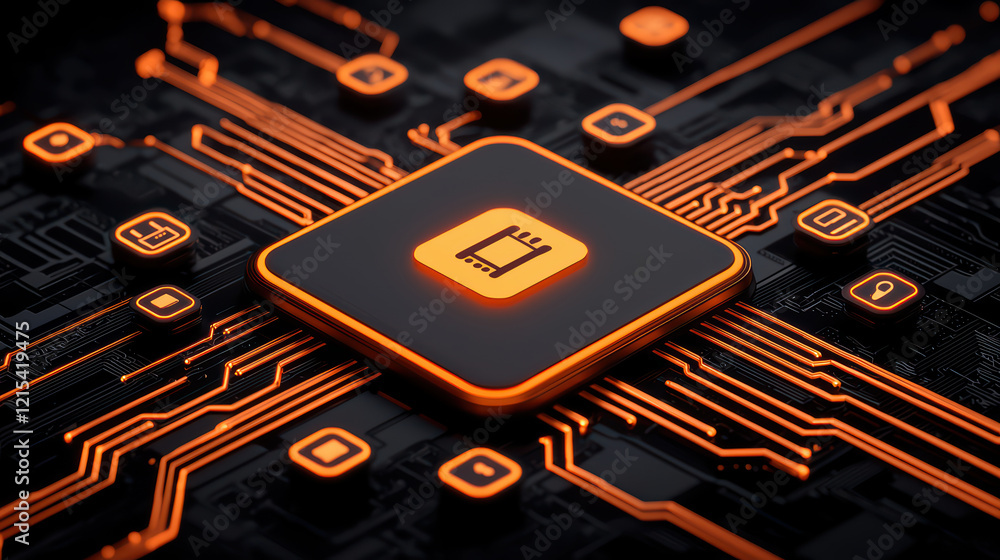 Poster dynamic circuit board with glowing orange microchip and icons