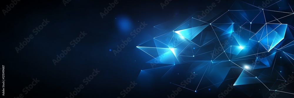 Poster a dynamic and futuristic abstract background featuring glowing blue lights and intricate geometric p