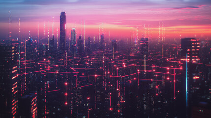 Fototapeta premium Smart digital Innovation city with connection network reciprocity over the twilight cityscape. of future smart wireless digital city and social media networking systems that connects people with city