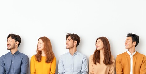 Obraz premium A diverse group of young adults smiling together, standing in a line against a white background, showcasing friendship and happiness in a modern lifestyle setting.