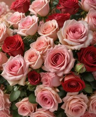 Fototapeta premium Delicate pink and red roses in a lush bouquet arranged on a luxurious rose gold background, pink roses, flowers