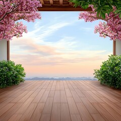Obraz premium A serene outdoor view from a wooden terrace adorned with blooming flowers and lush greenery against a vibrant sky.
