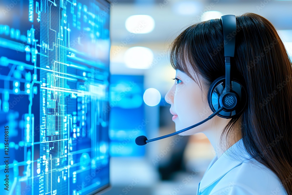 Poster a focused female professional in a headset, engaged in work with a digital interface displayed on a 