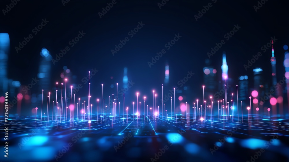Poster a futuristic digital landscape with vibrant blue and pink glowing lines and points, representing dat