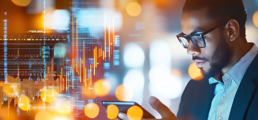A focused professional analyzing data on a smartphone, surrounded by dynamic visual elements of graphs and statistics, symbolizing technology and finance.