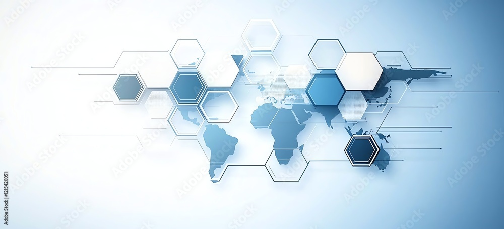 Poster a modern digital world map with hexagonal overlays, designed in shades of blue, illustrating global 