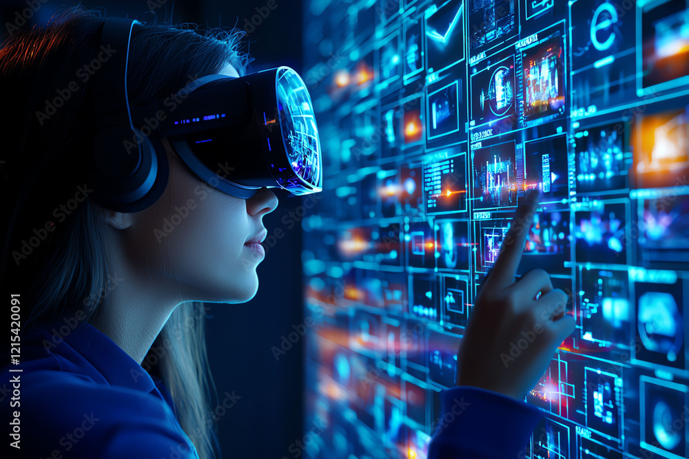 Poster a person wearing virtual reality goggles interacts with a digital interface, exploring immersive tec
