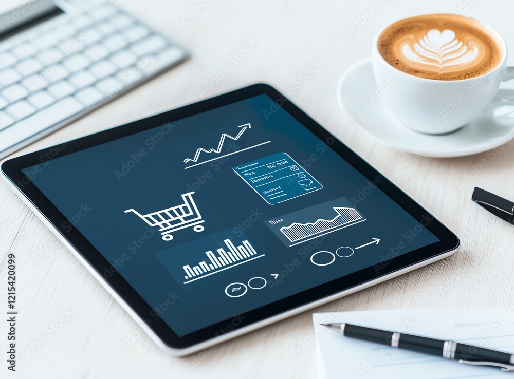 Poster a modern tablet displaying charts and graphs alongside a cup of coffee, illustrating business analyt