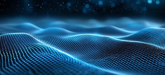 A mesmerizing abstract background depicting flowing waves of blue light and digital patterns, creating a sense of depth and innovation. Ideal for futuristic themes.