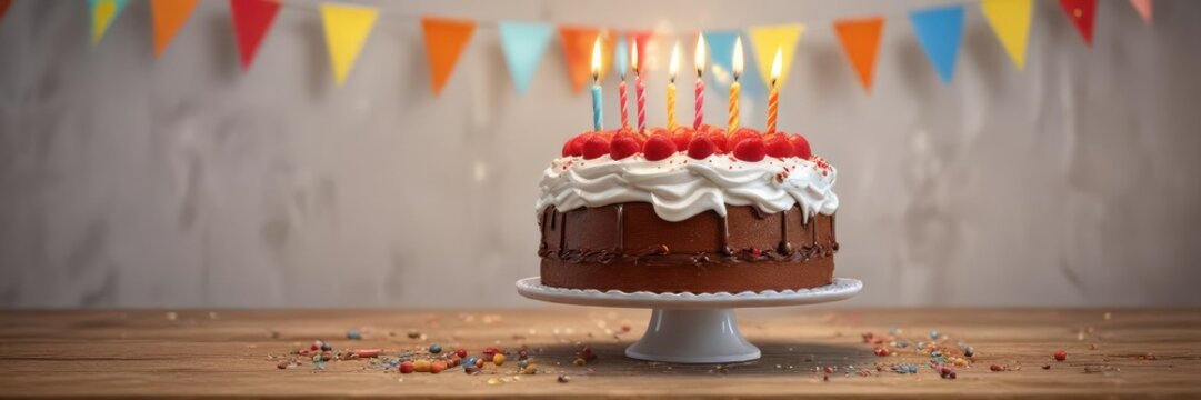 Delicious birthday cake with a festive "Happy Birthday" banner, feast, memorable occasion