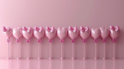 Pink heart balloons with sparkly bows seamless pattern on soft pink background