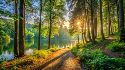 Dense forest trail surrounded by tall trees and vibrant green foliage leading to a serene lake at sunrise, scenery, trail