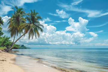 Obraz premium A beautiful tropical beach with palm trees and blue sky. A photo of the ocean, white sand and tall coconut palms.