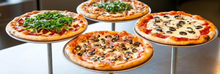 Three Gourmet Pizzas Displayed - Indulge in three unique gourmet pizzas, each showcasing a distinct blend of flavors and toppings.  A feast for the eyes and the taste buds, these pizzas represent culi