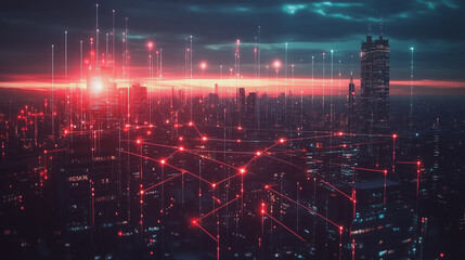 Fototapeta premium Smart digital Innovation city with connection network reciprocity over the twilight cityscape. of future smart wireless digital city and social media networking systems that connects people with city