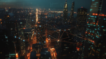 Fototapeta premium Smart digital Innovation city with connection network reciprocity over the twilight cityscape. of future smart wireless digital city and social media networking systems that connects people with city