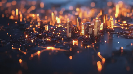 Smart digital Innovation city with connection network reciprocity over the twilight cityscape. of future smart wireless digital city and social media networking systems that connects people with city