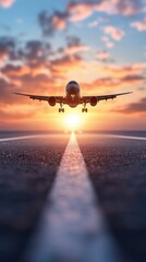 Fototapeta premium Airplane landing on runway at sunset with vibrant sky and dramatic lighting