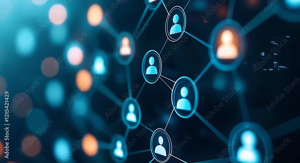 Poster abstract network connections showing user profiles in a digital social network environment with brig