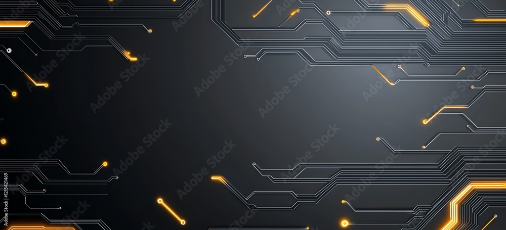 Poster abstract technological background featuring digital circuit patterns in black and orange tones, idea