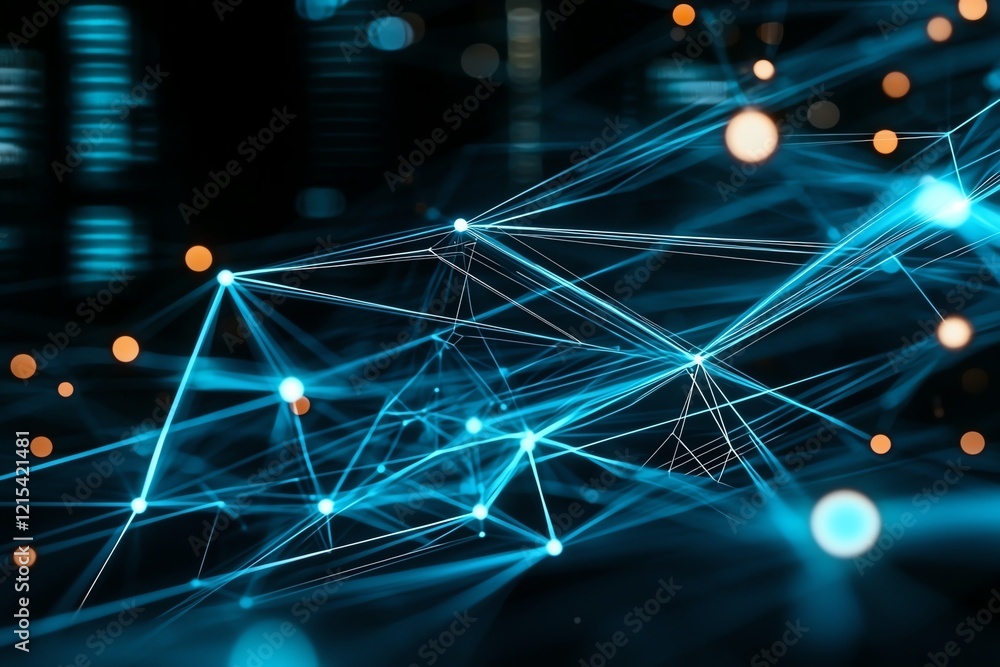 Poster Abstract representation of digital connectivity featuring glowing blue lines and points, symbolizing data flow and networks on a dark background.