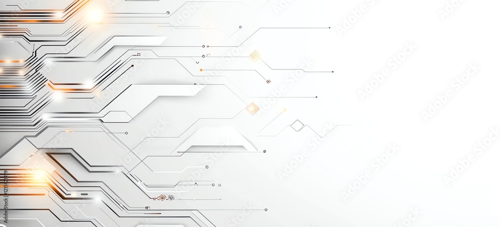 Poster abstract technology background featuring circuit patterns and glowing elements on a white isolated b