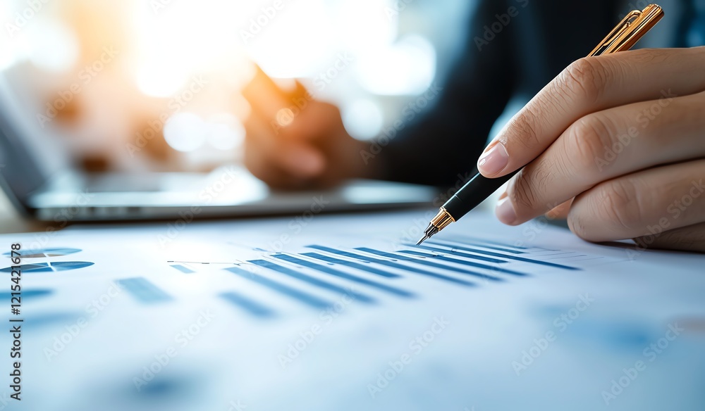 Poster close-up of a business person analyzing financial data with a pen in hand, working at a laptop. the 