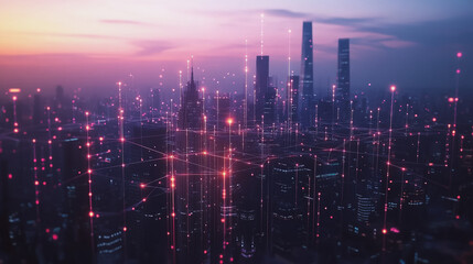 Fototapeta premium Smart digital Innovation city with connection network reciprocity over the twilight cityscape. of future smart wireless digital city and social media networking systems that connects people with city