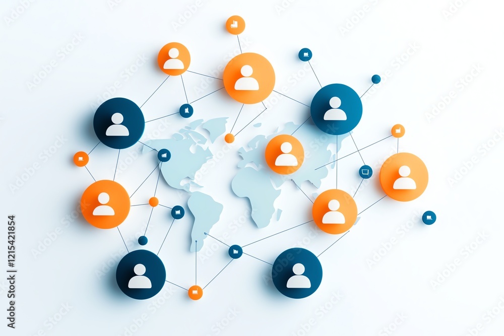 Poster digital network concept showcasing global connections with user icons. illustrated map background re