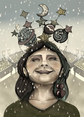 Carnival girl with rain on her face feeling happiness