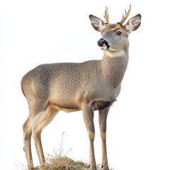 Fototapeta premium Gray deer with small antlers stands on hay, isolated on white.