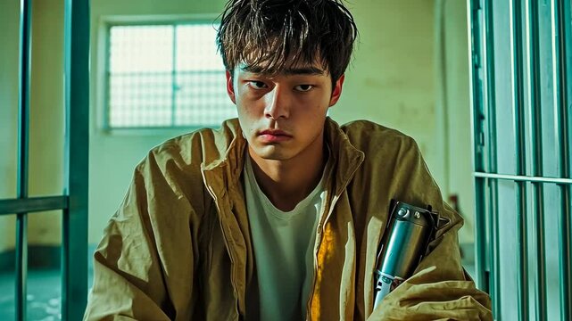 Young Asian male sitting pensively barred room distressed atmosphere man seated bars gripping metal mug Solemn expression contemplating confined space setting connoting isolation and reflection Mood