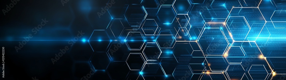 Poster futuristic hexagonal patterns with glowing blue lines and light effects, representing advanced techn